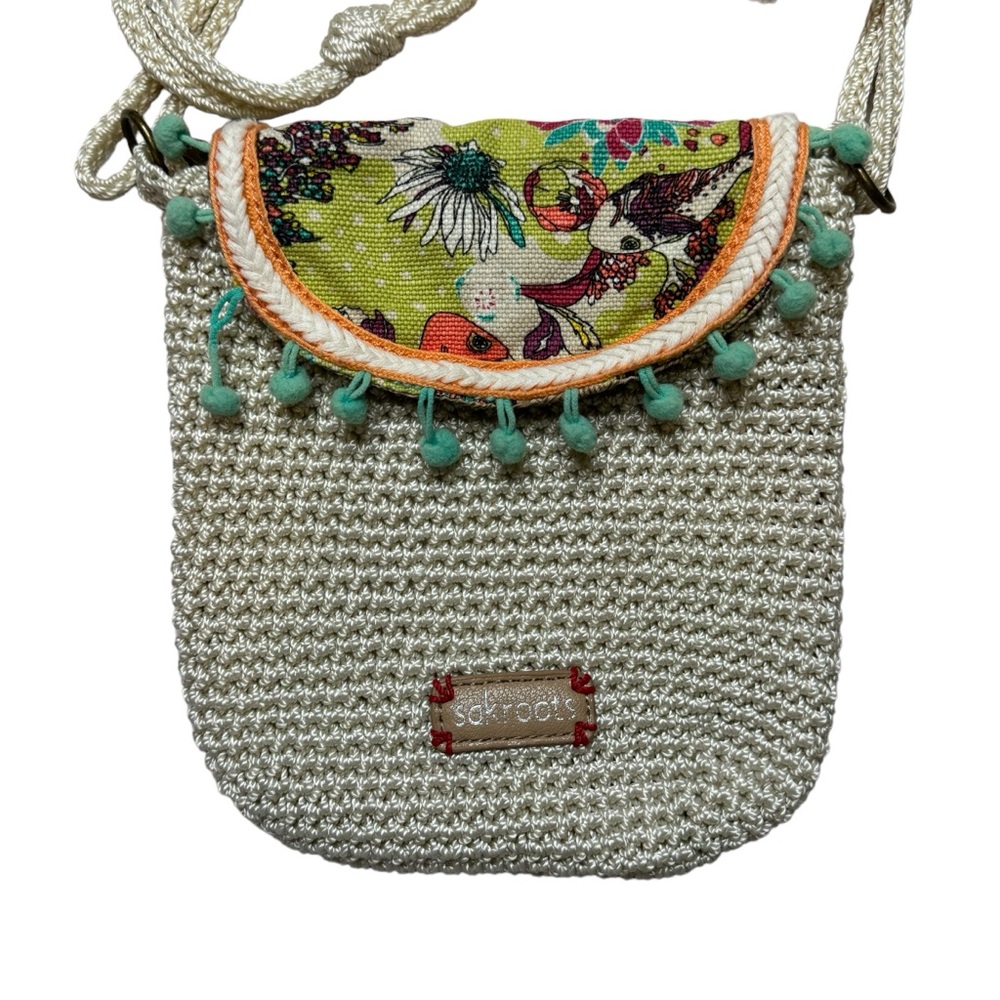 Sakroots Beige Women's Crochet Peace Crossbody Purse Bag Pom Pom Flap